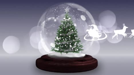 Animation-of-santa-claus-in-sleigh-with-reindeer-over-snow-globe-on-grey-background