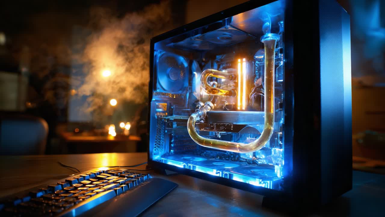 Illuminated Gaming PC with Liquid Cooling System and Vibrant Blue Lighting Showcasing State-of-the-Art Components and Stylish Design, Perfect for Enthusiasts and Gamers Seeking Performance and Aesthetics