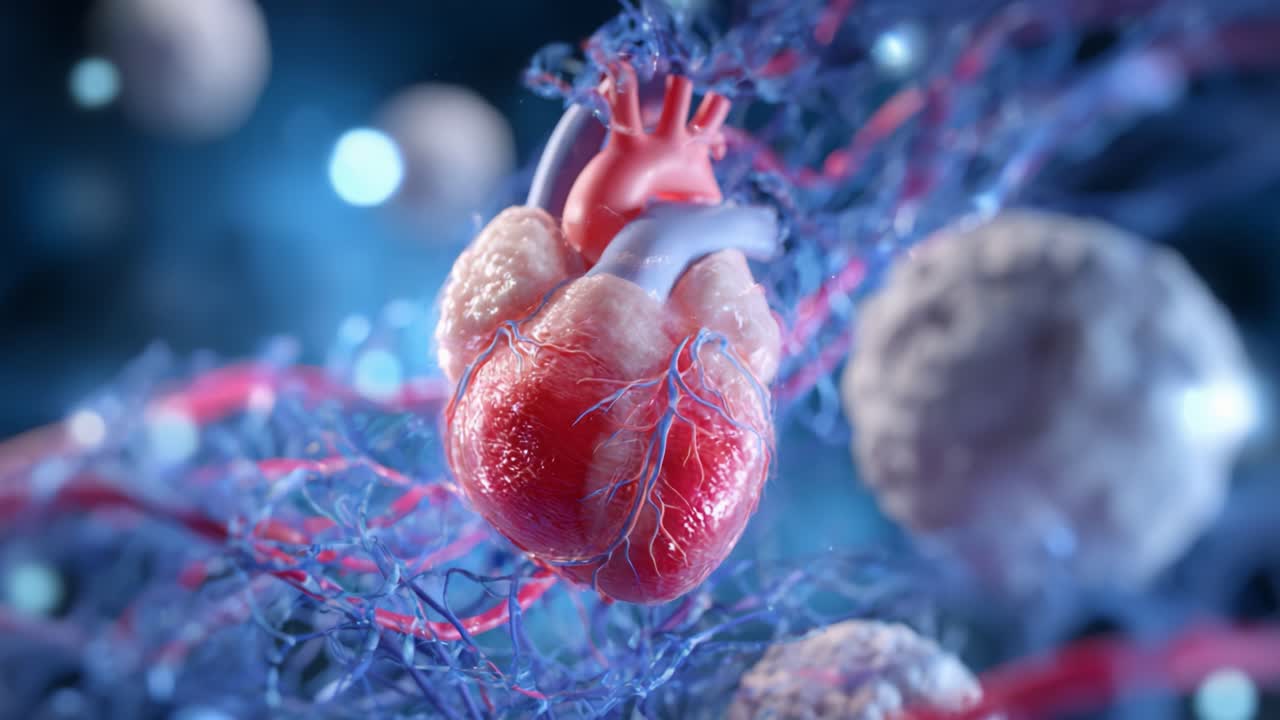 An Intricate Close-Up of a Human Heart Surrounded by Vibrant Cellular Structures, Showcasing the Complexity of Biological Life and the Essence of Circulatory Systems