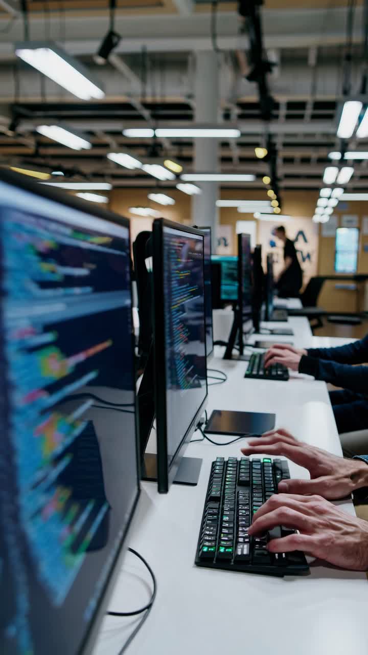 A dynamic video concept showing a side-angle view of programmers coding in a modern office