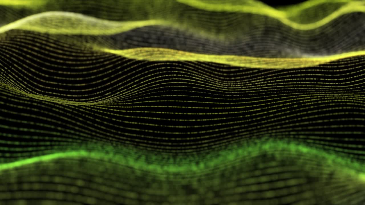 4k, abstracto futurista digital ondas azules partículas de fondo. bucle sin costuras. tecnología concepto de fondo de onda digital. hermoso movimiento ondulando puntos textura con partículas desfocalizadas brillantes. fondo cibernético o tecnológico. color verde