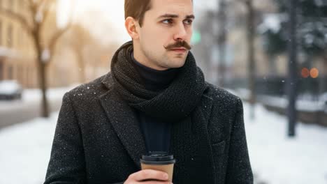 A Well-Dressed Man with a Mustache Enjoying Coffee in a Snowy Urban Landscape, Capturing a Moment of Tranquility Amid a Winter Day