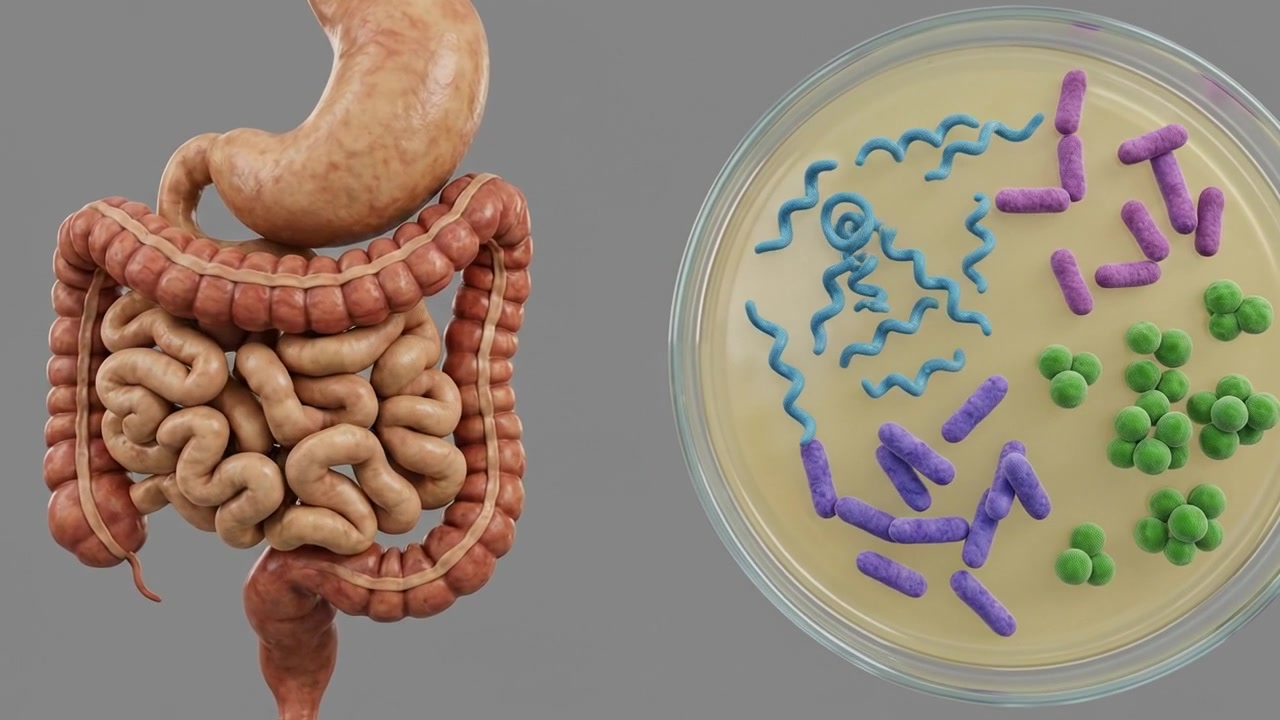 Modello anatomico medico dell'apparato digerente e colture in piastra Petri