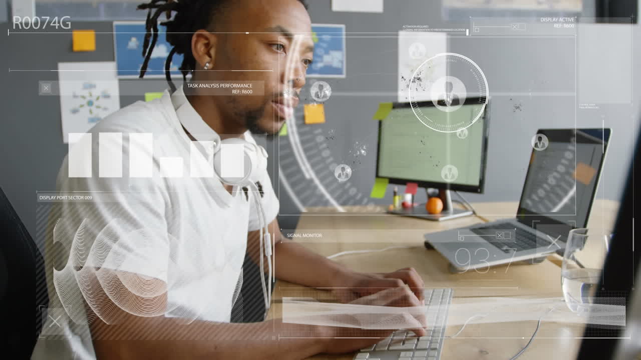 Animation of digital data processing over businessman in office