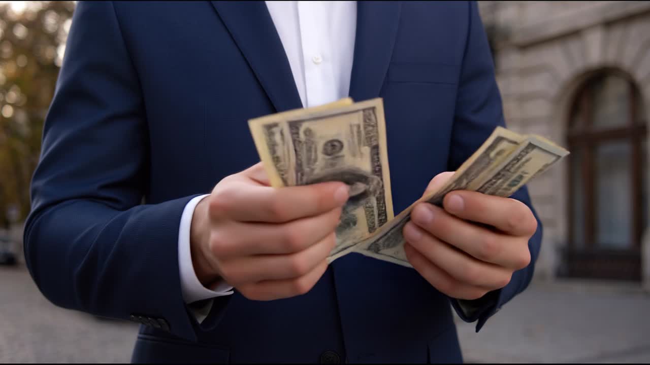 Uomo in abito che conta banconote di dollari USA per strada