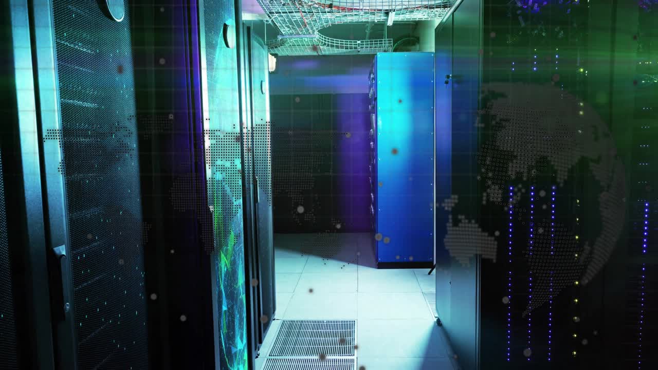 Digital particles drifting over server racks as world map rising and LEDs blinking showing dataflow