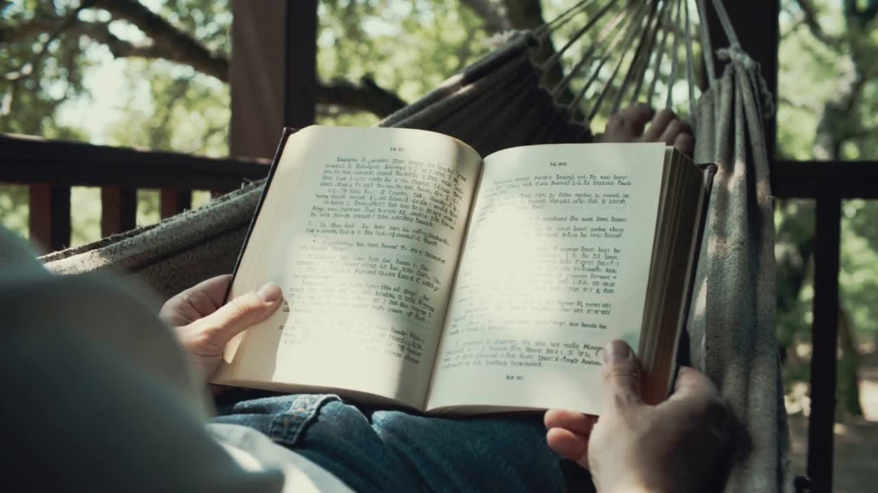 Sunlight shifting, man holding open book, adjusting grip to steady pages on porch hammock, in jeans