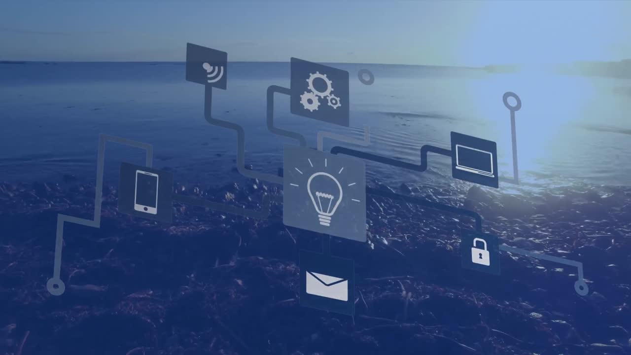 Animation of technology icons over cityscape and seascape at sunset