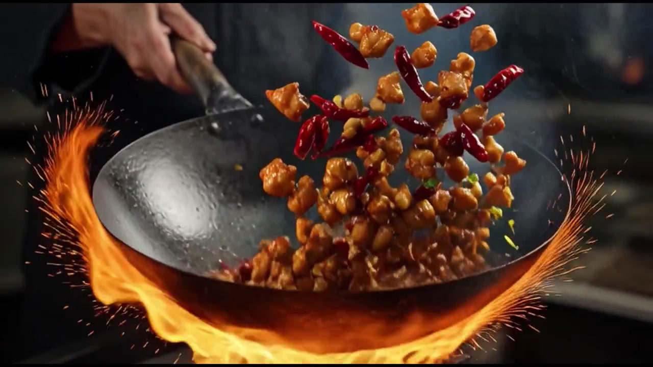 Koch brät Hähnchen und Chilischoten im Wok über offener Flamme an