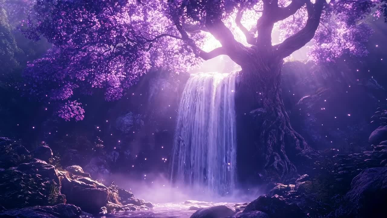 Enchanting fantasy scene with a low-angle view of a glowing tree and waterfall, creating a mystical