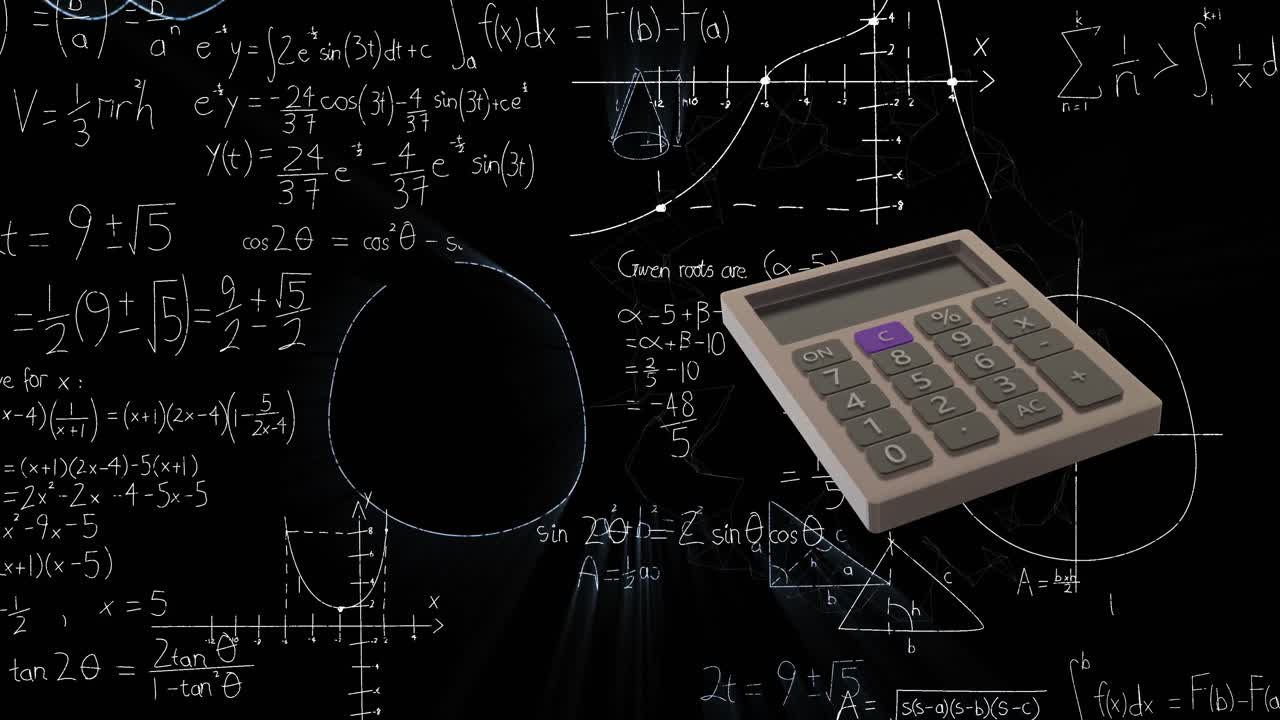 Animation of calculator moving and mathematical equations on black background