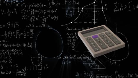 Animation-of-calculator-moving-and-mathematical-equations-on-black-background