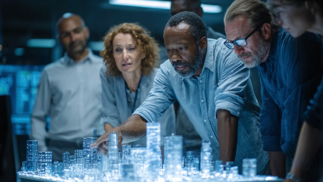 A group of focused individuals collaborates around a glowing urban model, engaged in discussions and analyzing intricate details in a high-tech environment