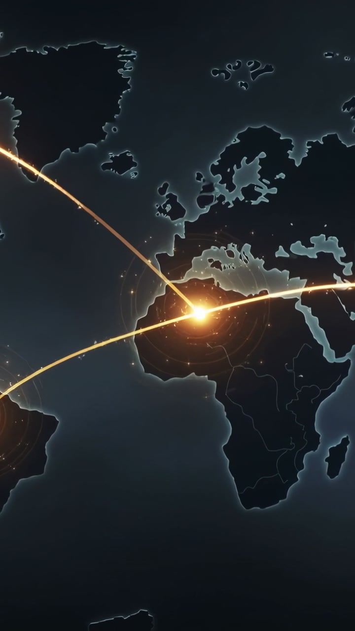 Vertical video: Sending gold arc from left sparking Africa hotspot pulsing on map linking arcs