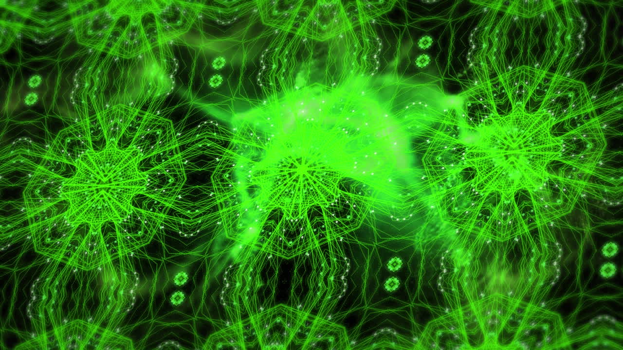 анимация зеленых калейдоскопных форм, движущихся в гипнотическом движении на черном фоне