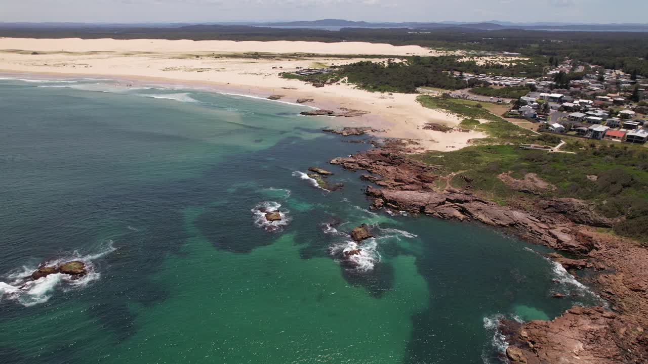 Birubi Beach With Birubi Point In Anna Bay, NSW, Australia - Drone Shot