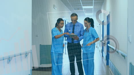 animation of financial data processing over diverse doctors discussing work in hospital