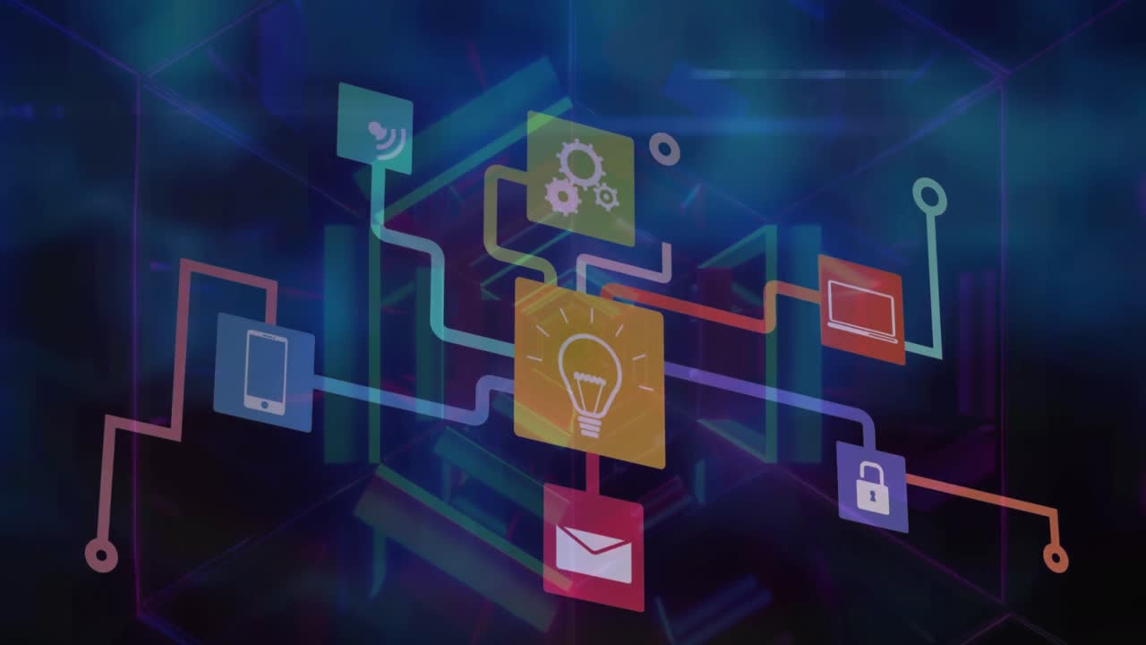 Animation of network of digital icons against neon tunnel in seamless pattern