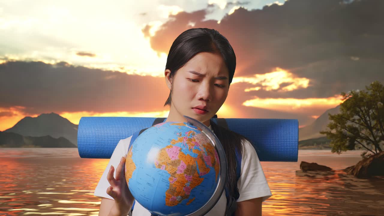 Confused Traveler Looking at a Globe at Sunset