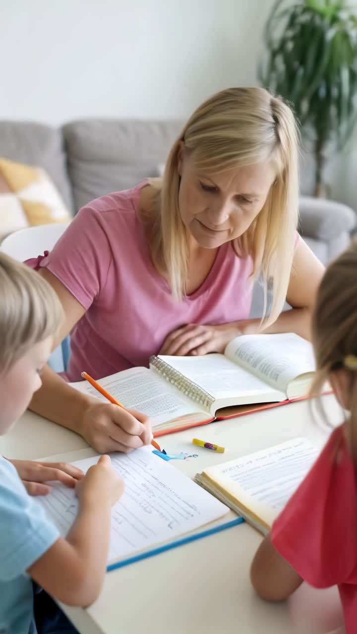 Mother assisting her children with their homework.