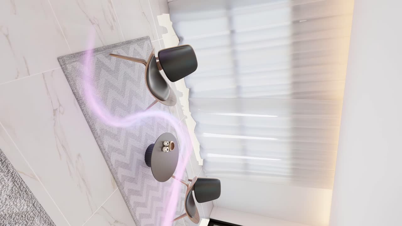 ilustración gráfica de movimiento vertical del diseño interior de la esquina de la sala de estar, energía luminosa arremolinándose a través de sillas y mesa de café