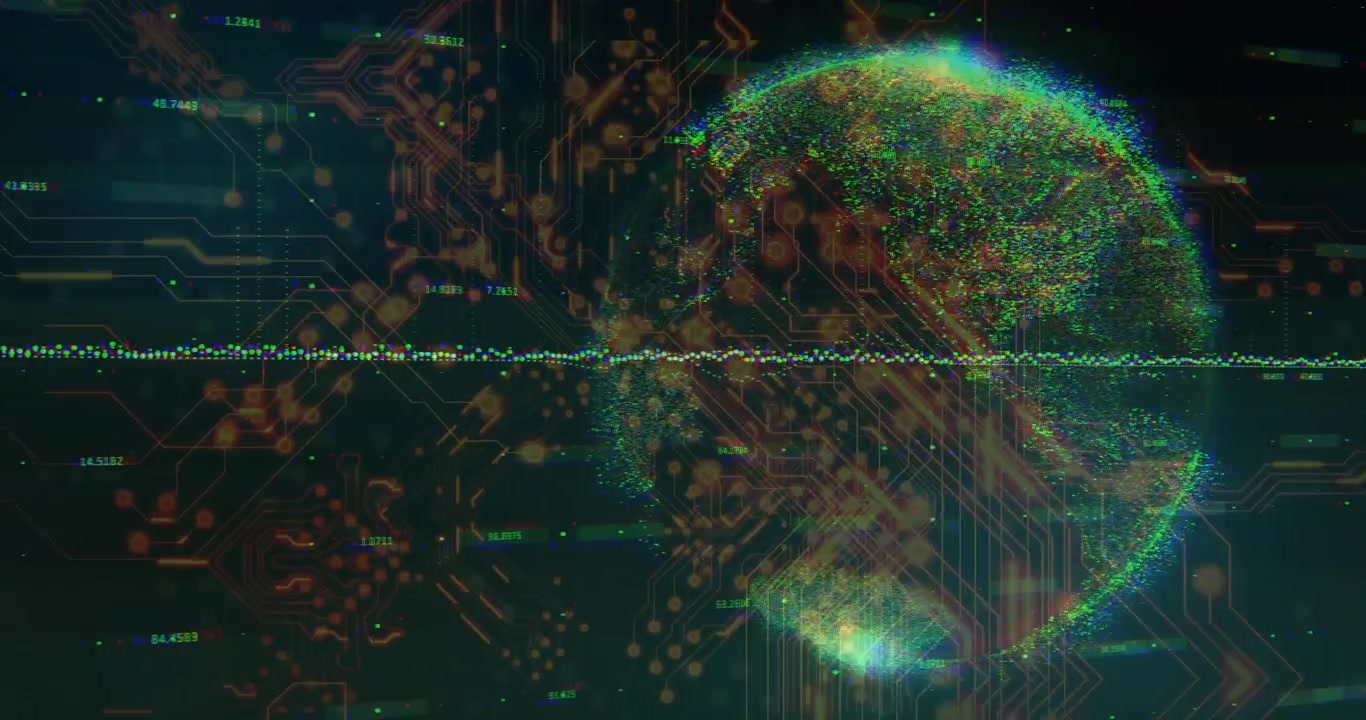 Colorful data line appearing pulsing causing particles forming globe visualizing data flow