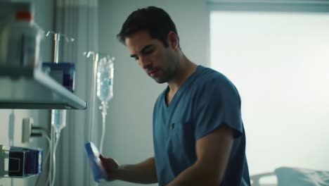 a healthcare worker in scrubs is preparing equipment and checking an iv drip in a hospital room. the setting conveys a sense of care and professionalism in patient treatment.