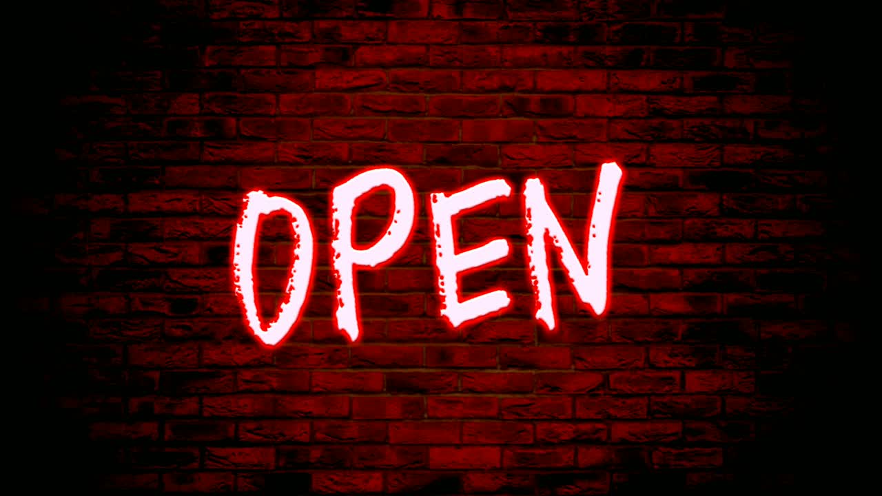 luz roja de neón abierta animación de texto gráficos de movimiento con fondo de pared de ladrillo