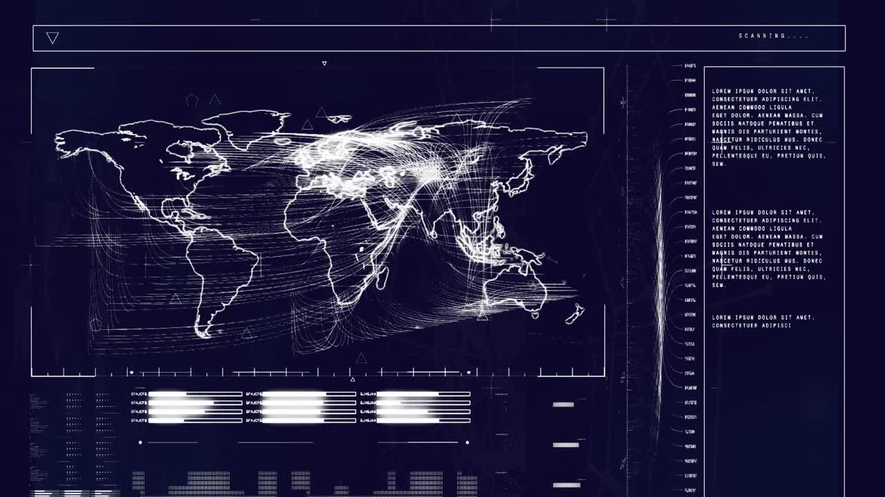 Animation of data processing with world map on black background