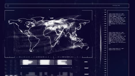 animación del procesamiento de datos con un mapa del mundo en fondo negro