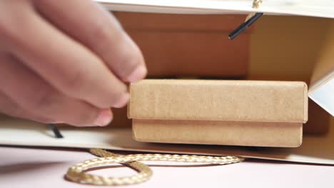 person placing a gift box in a paper bag