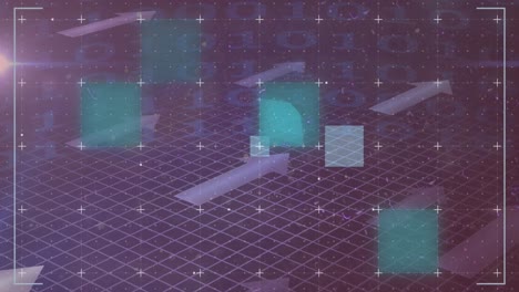 animación de la técnica de glitch multicolor, cuadrado, flechas y círculo sobre códigos binarios