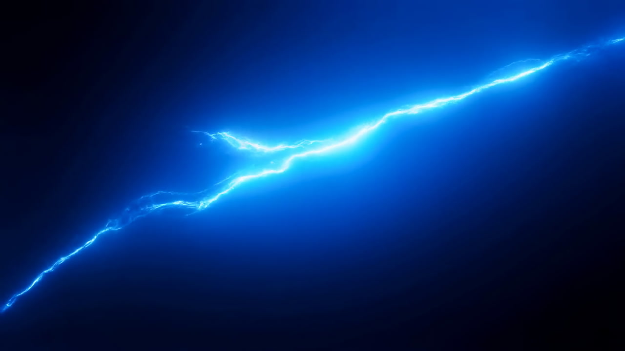 Blue Lightning Streak Across Dark Background, Electric Energy Arc Pulsing With Neon Glow And Fast Motion,