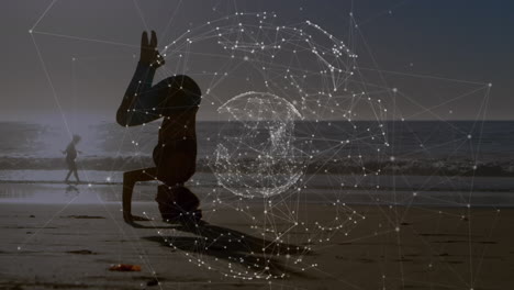 animación de redes de conexiones con el mundo sobre mujer caucásica practicando yoga en la playa