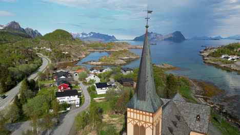 aerial view of vågan church in lofoten islands, norway