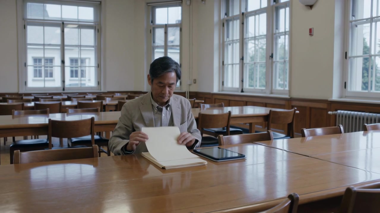 Placing manila folder, senior Asian man in beige blazer reviewing papers in study room with tablet