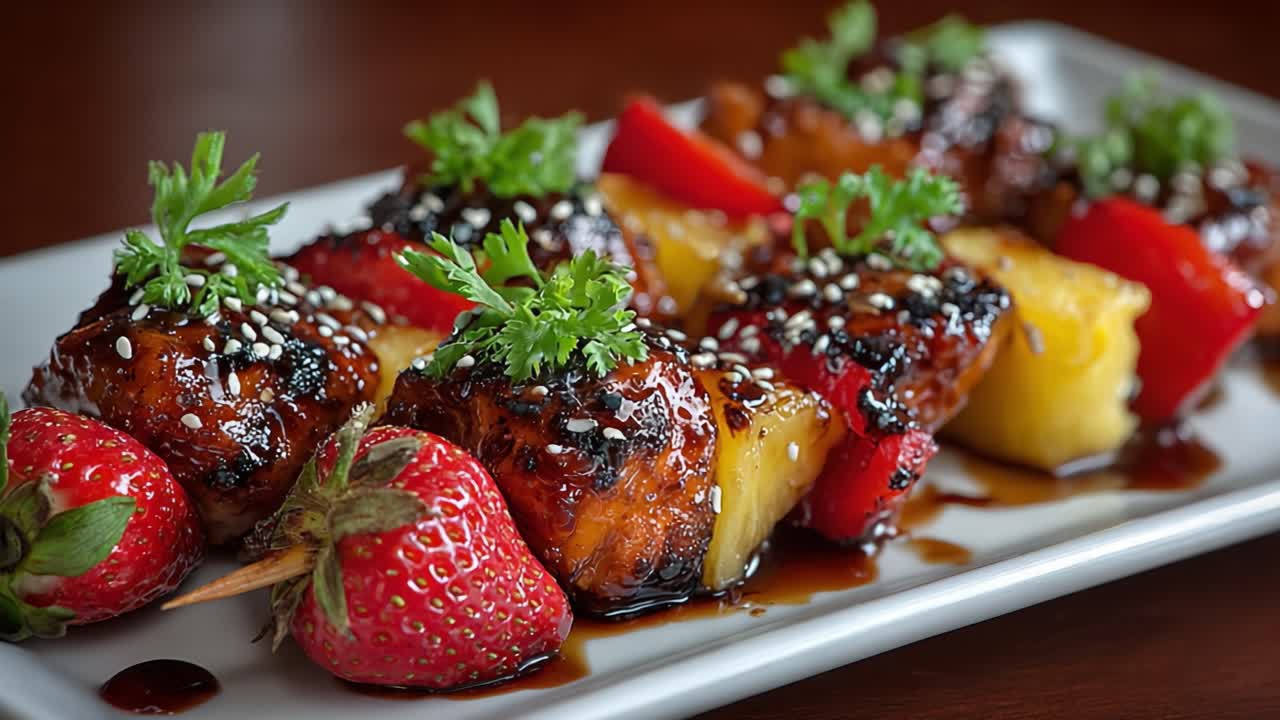 Lækre grillede spyd med sød ananas, saftige jordbær og velsmagende glaseret kylling, toppet med friske krydderurter og sesamfrø på en farverig tallerken