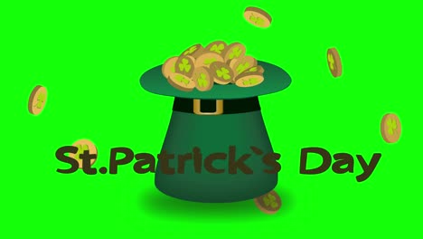 saint patrick's day motif. animation cartoon flying gold coins, hat full of gold coins on the green screen. great for web template, header for website. stock 4k video