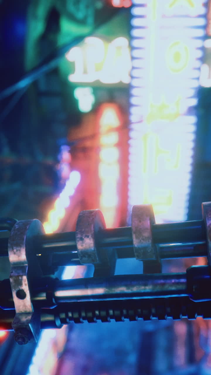 Vibrant neon lights illuminate a futuristic cityscape during night hours