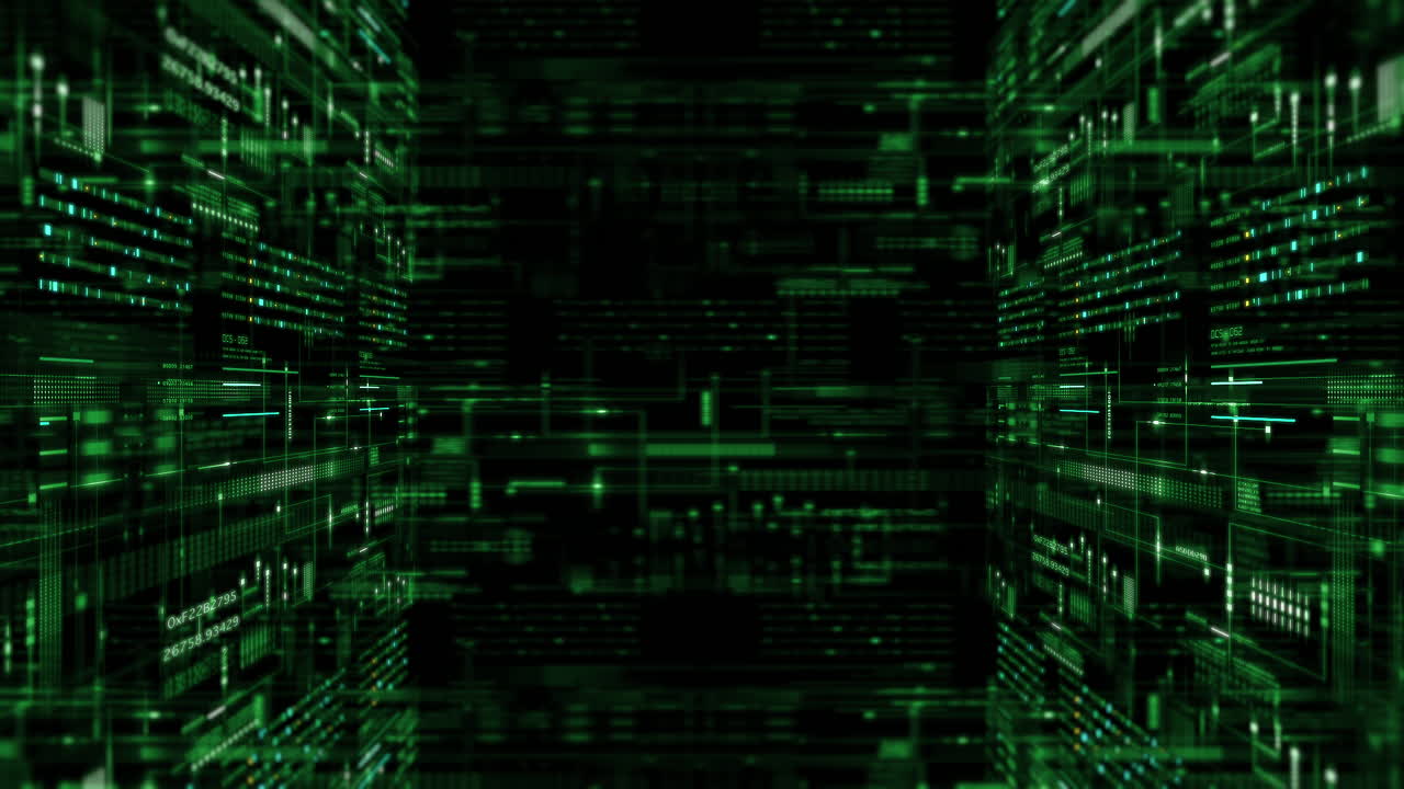 4K screen background with digital data code and HUD elements, ideal for text titles and horizontal displays.