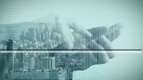 typing on smartphone, hands interacting with animation over cityscape background