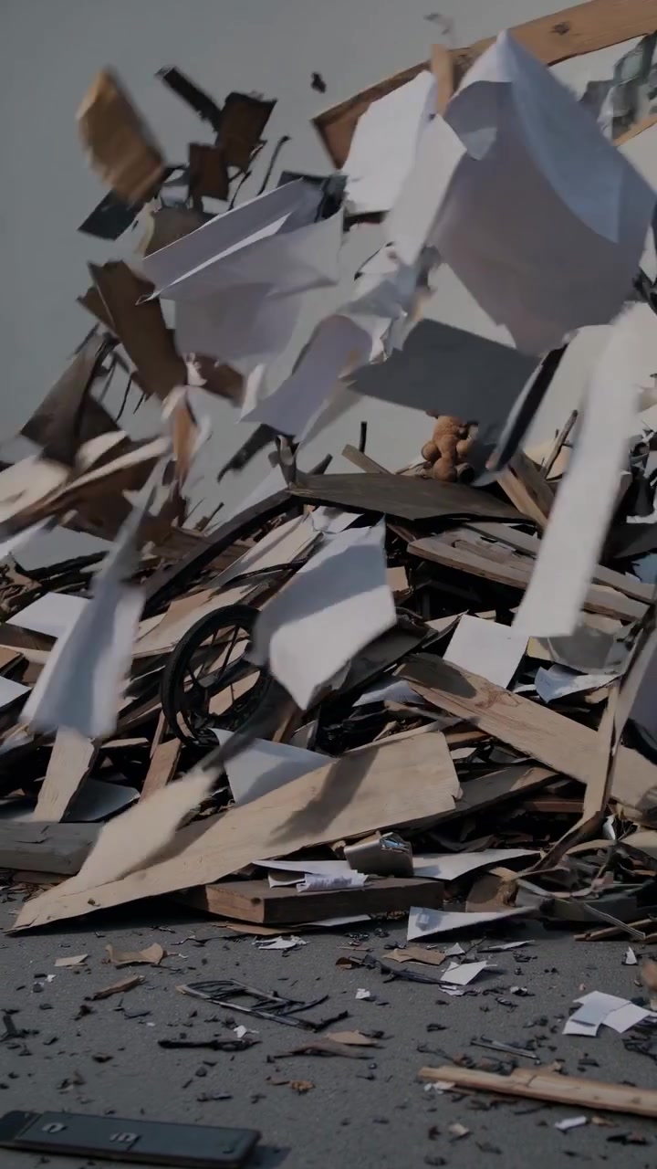 Pile of Debris Exploding and Scattering in Slow Motion