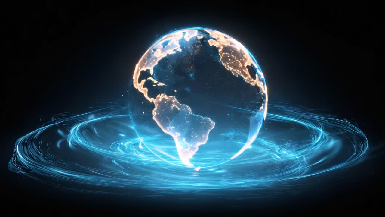 Digital planet Earth hologram rotating with glowing continents and neon blue rings on a dark background. Futuristic animation for global business, science, communication, and technology projects