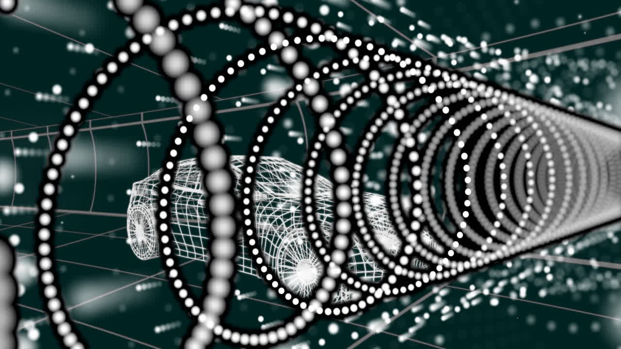 Animation of spiraling white dots forming tunnel over wireframe structure