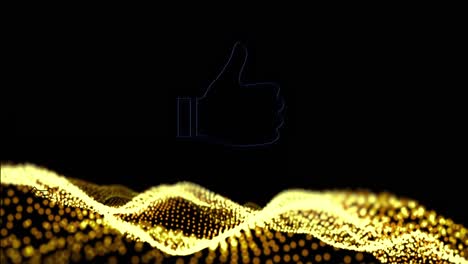 Animation-of-thumbs-up-glowing-blue-icon-over-digital-wave-moving-on-black-background