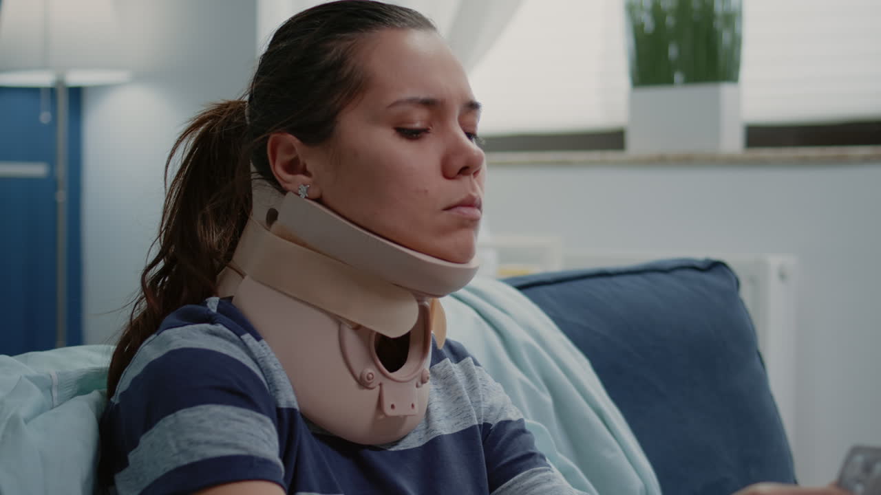 Close up of unhappy woman wearing cervical neck collar