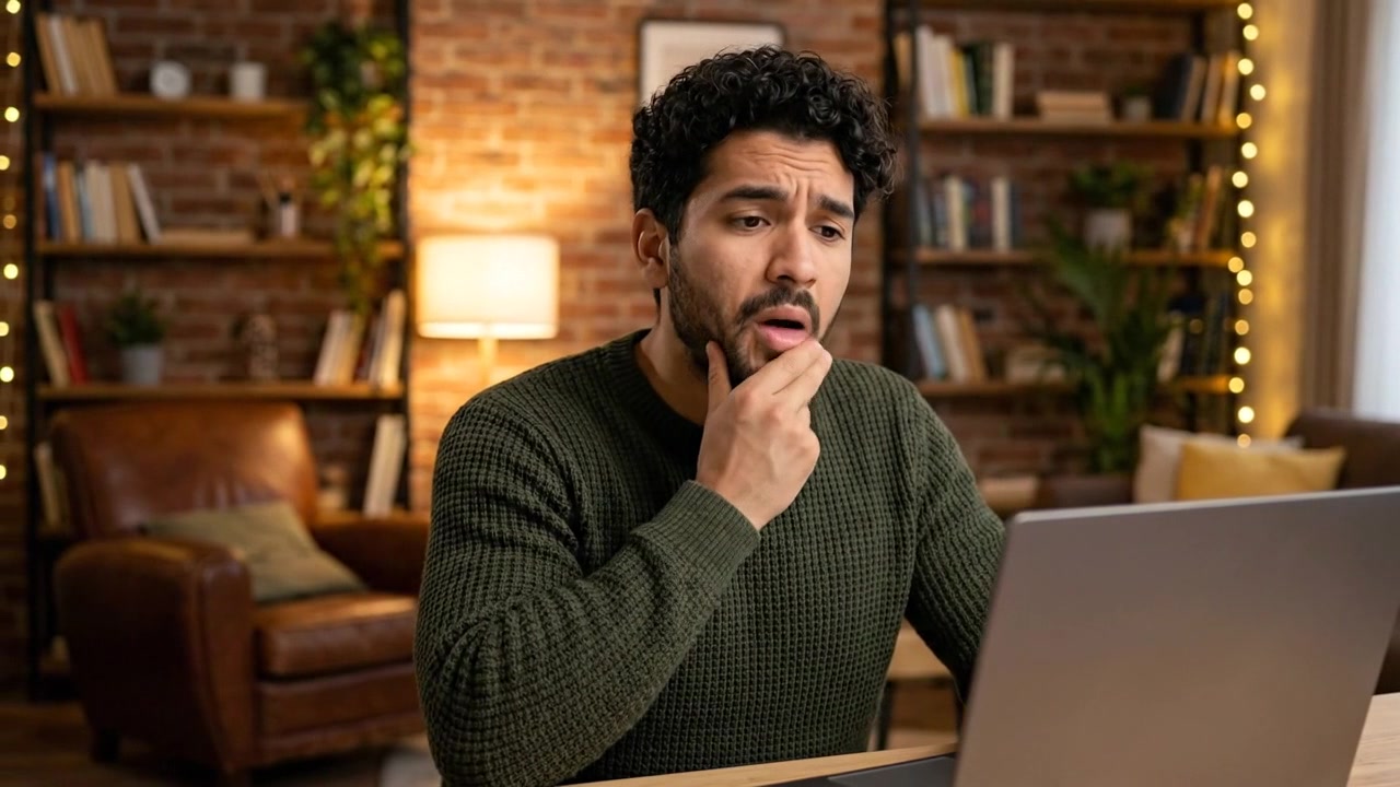 Business man looking concerned while working on computer in office environment