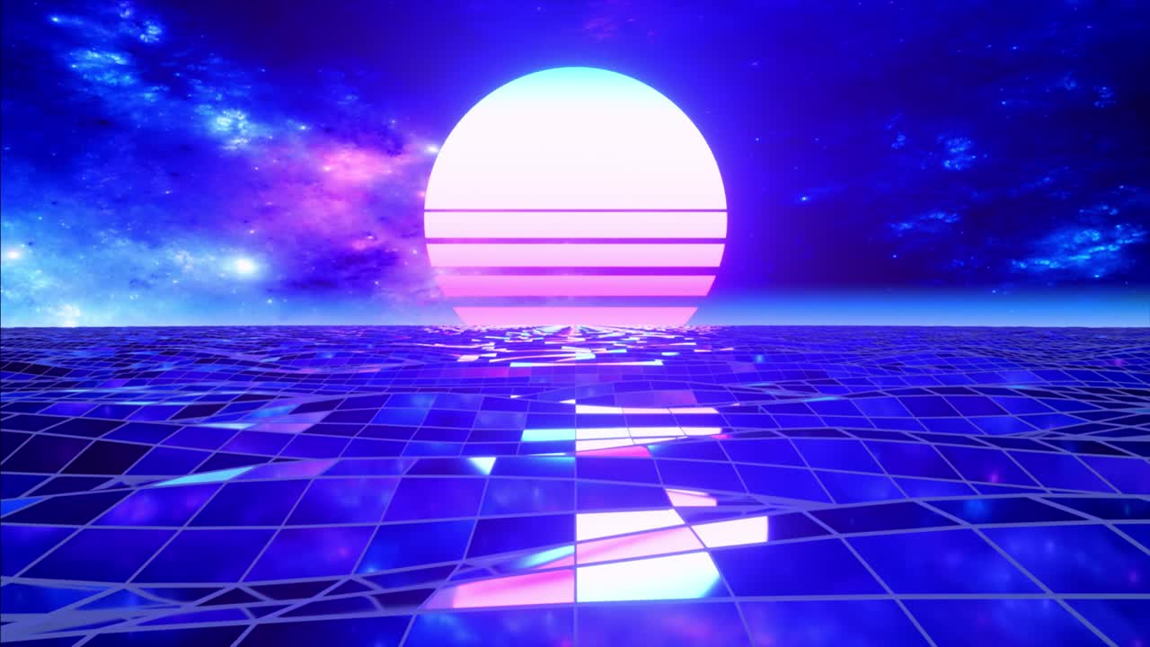 Retro 80s style. Fly endlessly over the digital ocean. Dolphins are jumping over the water. Colorful retro sunset. Seamless loop 3d animation