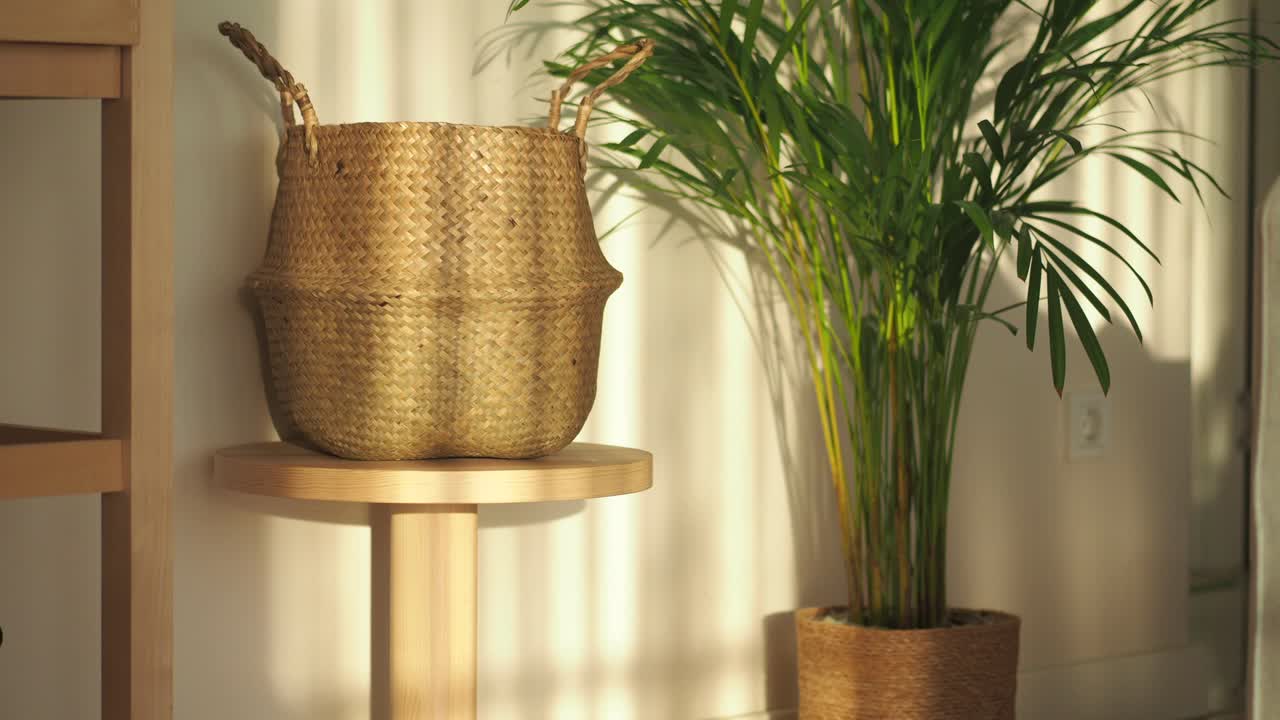 Natural Light and Shadows on a Woven Basket and Potted Palm