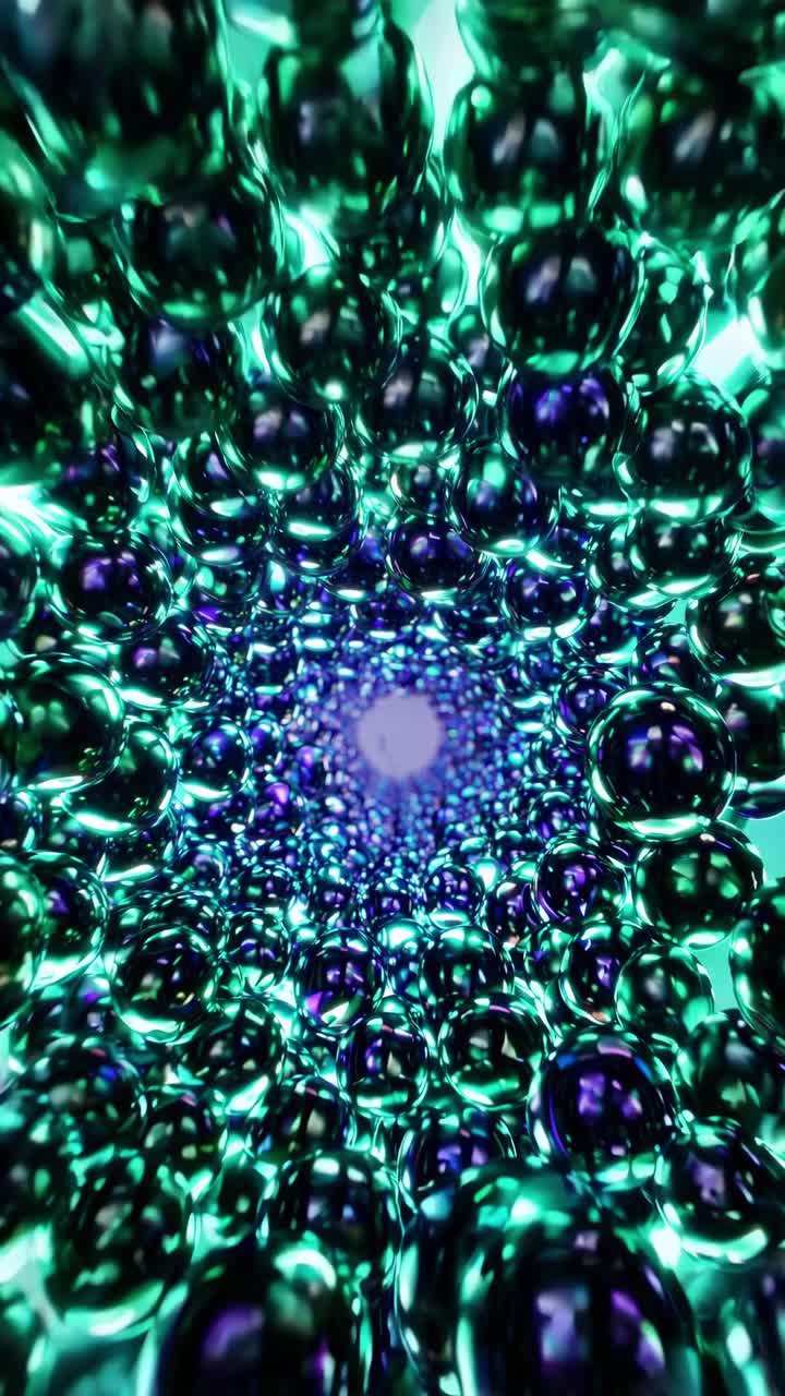 Abstract Reflective Spheres Tunnel with Green and Purple Glow
